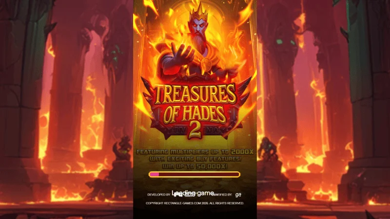 Treasures of Hades 2 — ekrani i ngarkimit të slotit Rectangle Games në ambientin mitologjik të botës së nëndheshme
